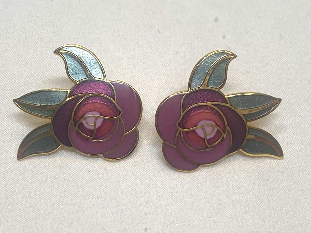 Vintage Laurel Burch Enamel DECO ROSE Flower Pink Red Clip Earrings